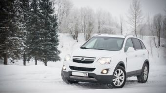 Opel Antara зимой на фоне елей